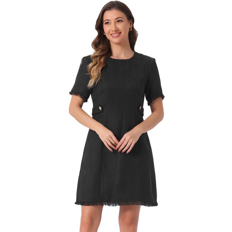 Tweed Round Neck Short Sleeves Work Elegant Casual Knit Midi Dress Black